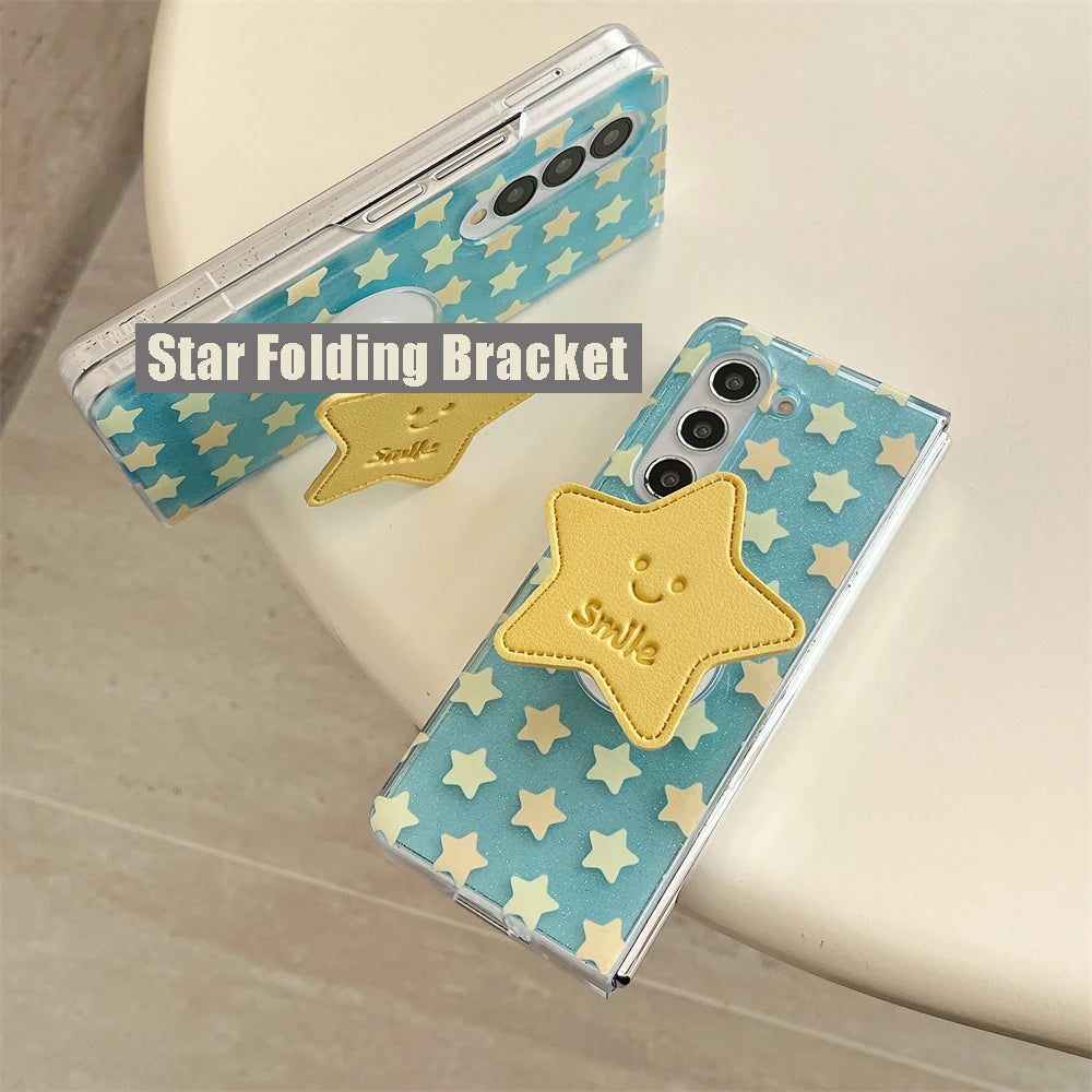 Star Folding Bracket Cartoon Glitter Case For Samsung Galaxy Z Flip7 Flip 6 5 4 3 ZFold 7 6 5 Shockproof Epoxy Bumper Soft Shell