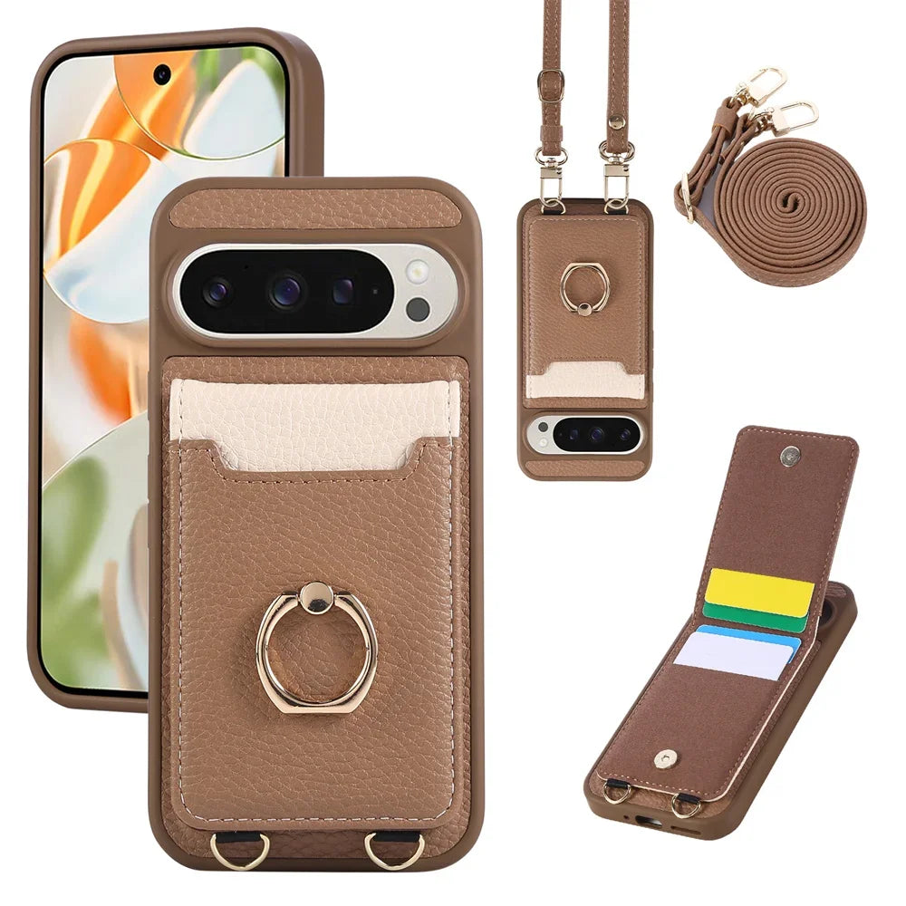 Crossbody Strap Lanyard Wallet Case with Card Slots Ring Holder Kickstand For Google Pixel 9a 8 9 Pro XL 8a 7a PU Leather Cover