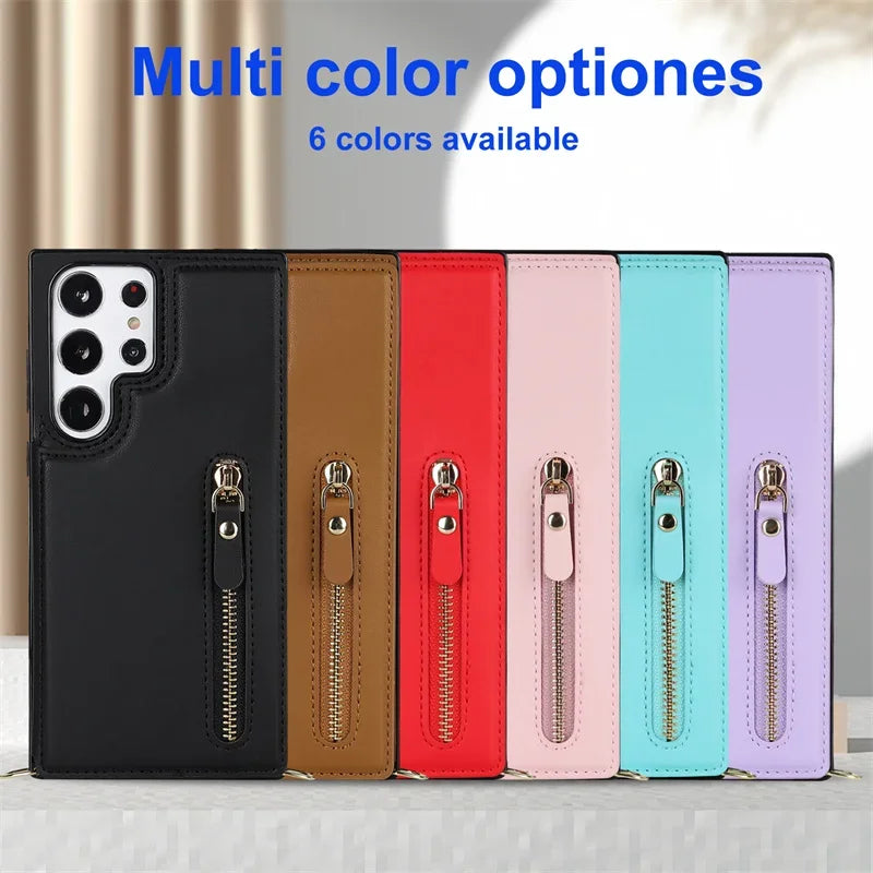 Crossbody Zipper Wallet with Card Holder Phone Case for Samsung Galaxy S23 S21FE S25 S24 S22 Plus Note 20 Ultra Leather Cover