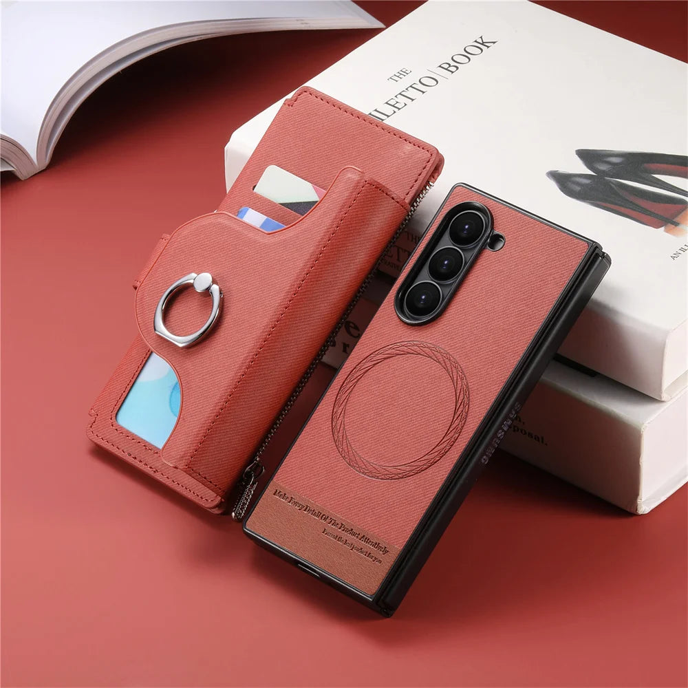 2 in 1 Detachable Magnetic Phone Case for Samsung Galaxy Z Fold 7 6 5 4 Fold7 Fold6 Ring Zipper Wallet Leather Protective Cover