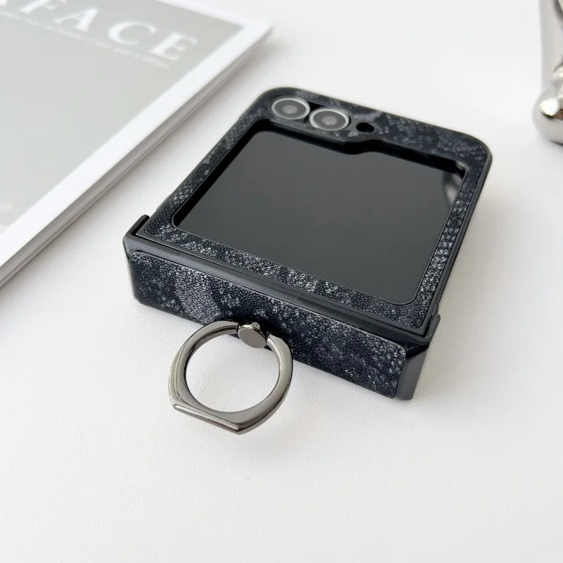 Luxury Lizard Texture Leather Foldable Phone Case For Samsung Galaxy Z Flip 3 4 5 6 Ring Holder Shockproof Proteciton Back Cover