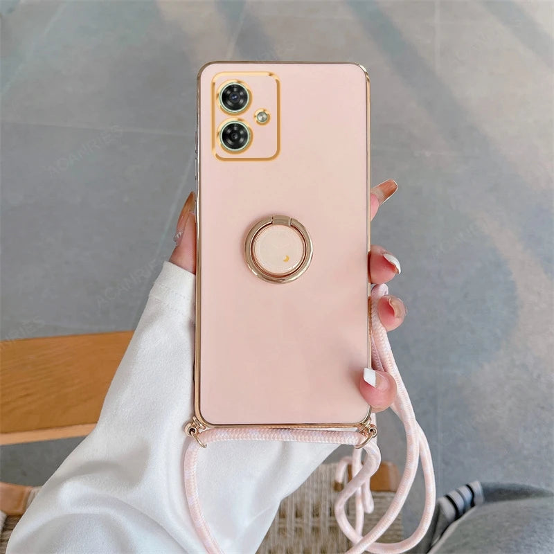G 84 54 Luxury Plating Crossbody Lanyard Case For Motorola Moto G54 G84 5G Ring Holder Back Cover
