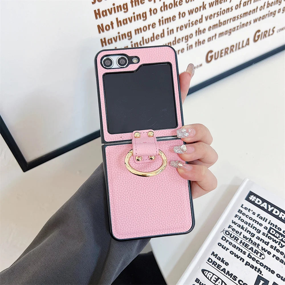 Original Leather Matte Litchi Phone Case For Samsung Galaxy Z Flip 6 5 4 3 Ring Stand Holder Shockproof Cover For Galaxy Flip 6