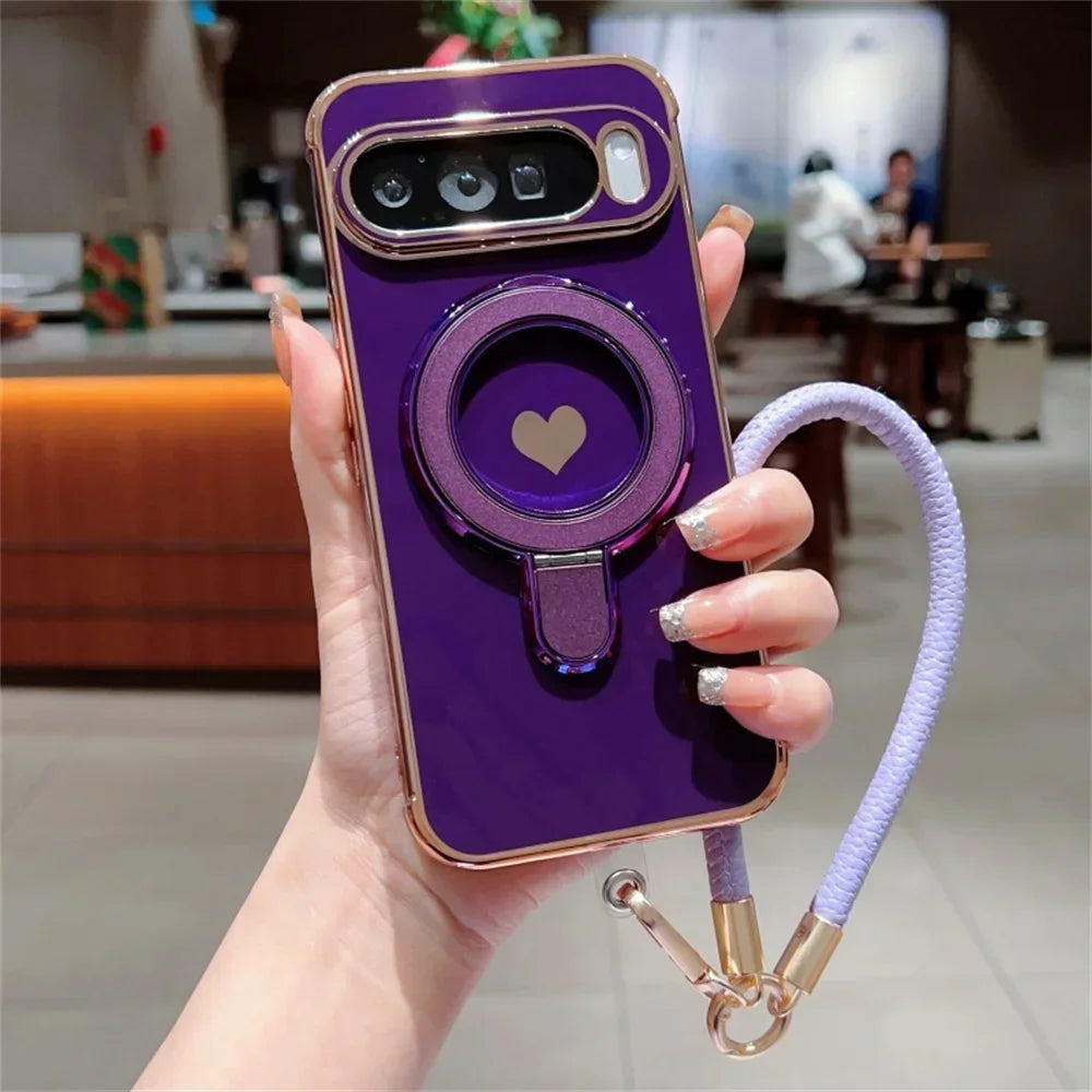 Cute Love Heart Wrist Strap Bracket Case for Google Pixel 8 9 Pro XL 9A 8A 7A Ring Holder Stand Lanyard Plating Soft TPU Cover