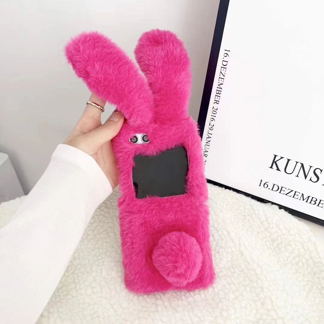 For Motorola Razr 50 Plus 40 Moto Razr40 Ultra 2023 2024 Luxury Cute Soft Fur Puff Rabbit Ear Phone Case Cover