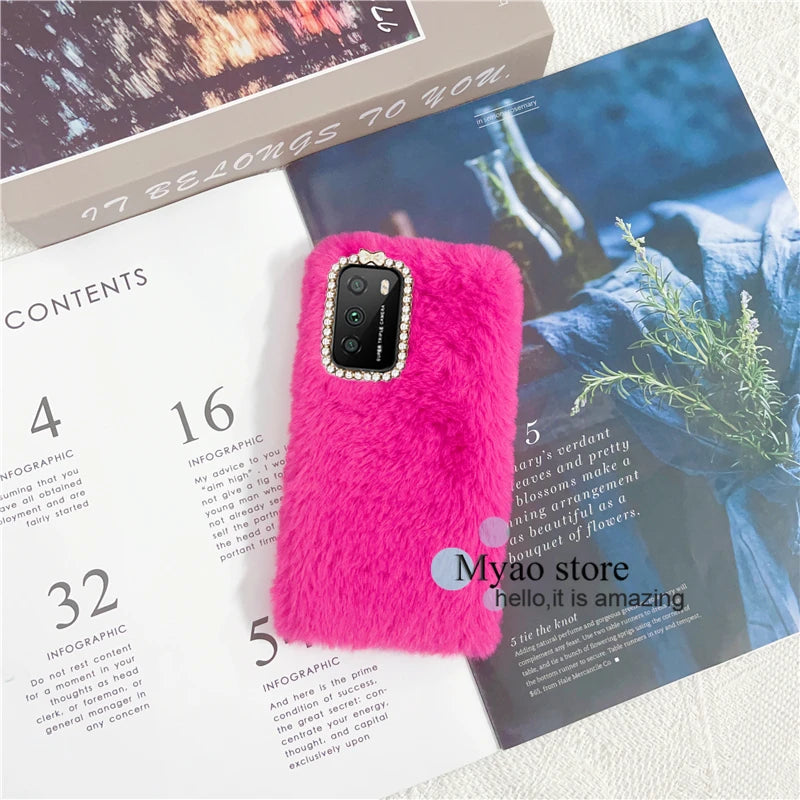 Hot Pink Phone Case For Google Pixel 9 9A 10 Pro 8 8A 7 7A  6 6A 5 5A Cady Color Fluffy Plush Fur Warm Soft Cover For Pixel 8