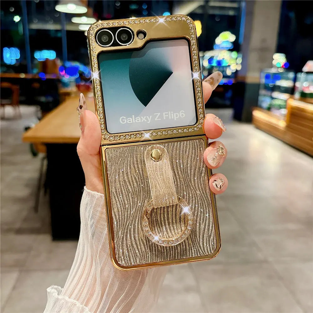 Ring Holder PU Leather Plating Case For Samsung Galaxy Z Flip 6 Flip 5 Flip 4 Zflip 3 Bling Diamond Shockproof Cover