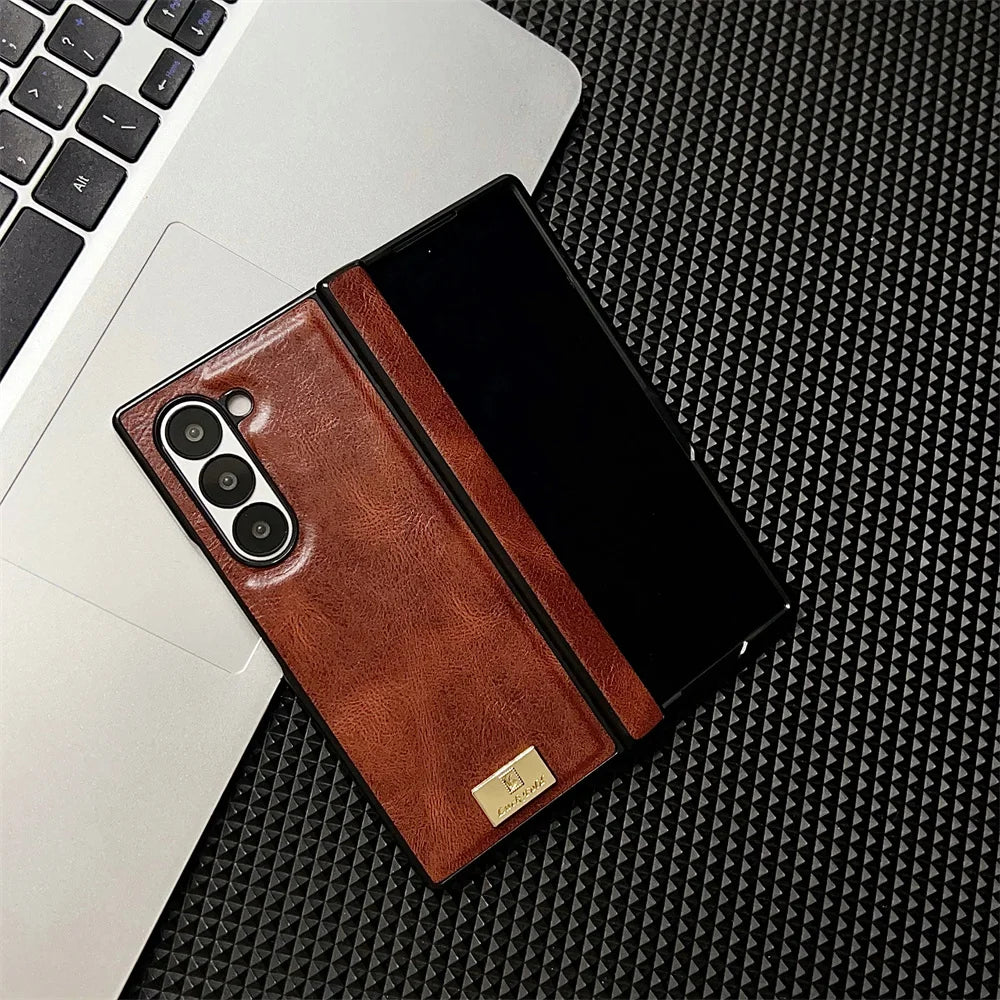 Retro Leather Hard Shell Shockproof Phone Case for Samsung Galaxy Z Fold 6 5 4 3 Fold6 Fold5 Fold4 Fold3 Hinge Protective Cover