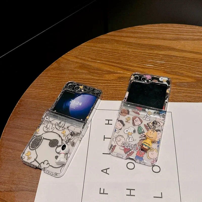 Cute Cartoon Snoopy Charlie Brown Peanuts Transparent Phone Case For Samsung Galaxy Z Flip 6 5 Hard PC Back Cover For Z Flip 3 4