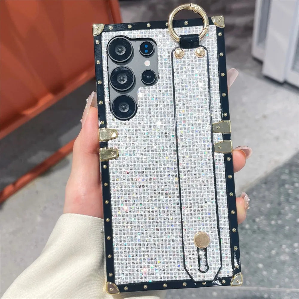 Plating Bling Glitter Wristband Case For Samsung Galaxy S20 S21 S23 FE S22 S24 S25 Plus Note 20 Ultra A06 A16 A26 A36 A55 5G