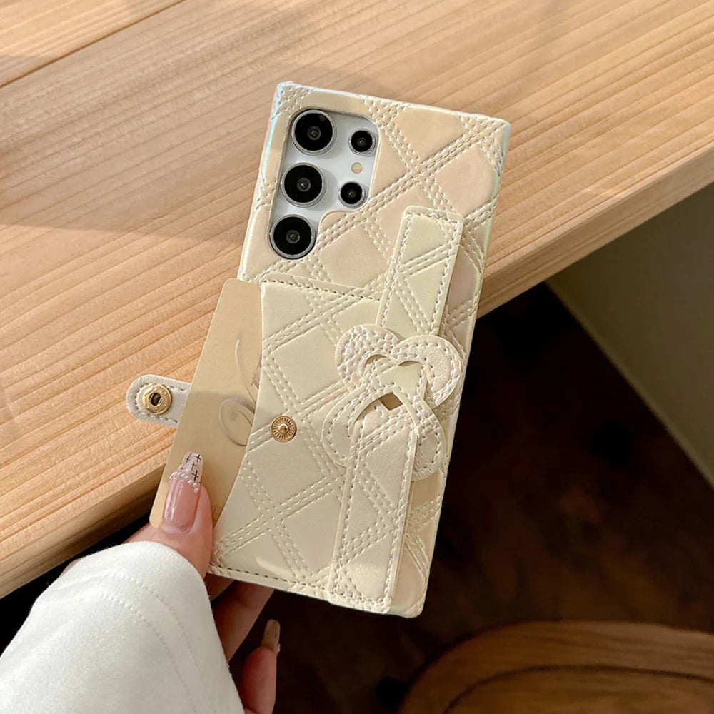 Glitter Dazzling Leather Slot Card Bag Holder Case For Samsung S24 S23 S22 S25 Ultra Luxury Lattice Love Heart Wrist Strap Cover