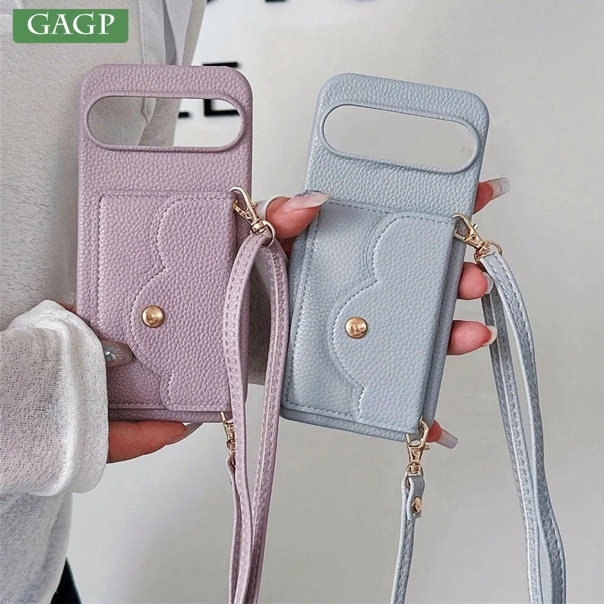 Leather Litchi Wallet Cards Slot Bag Case For Google Pixel 9 8 7 6 9 Pro XL 8A 7A 6A 9XL Shoulder Strap Lanyard Skin Feel Cover