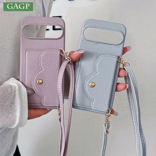 Leather Litchi Wallet Cards Slot Bag Case For Google Pixel 9 8 7 6 9 Pro XL 8A 7A 6A 9XL Shoulder Strap Lanyard Skin Feel Cover
