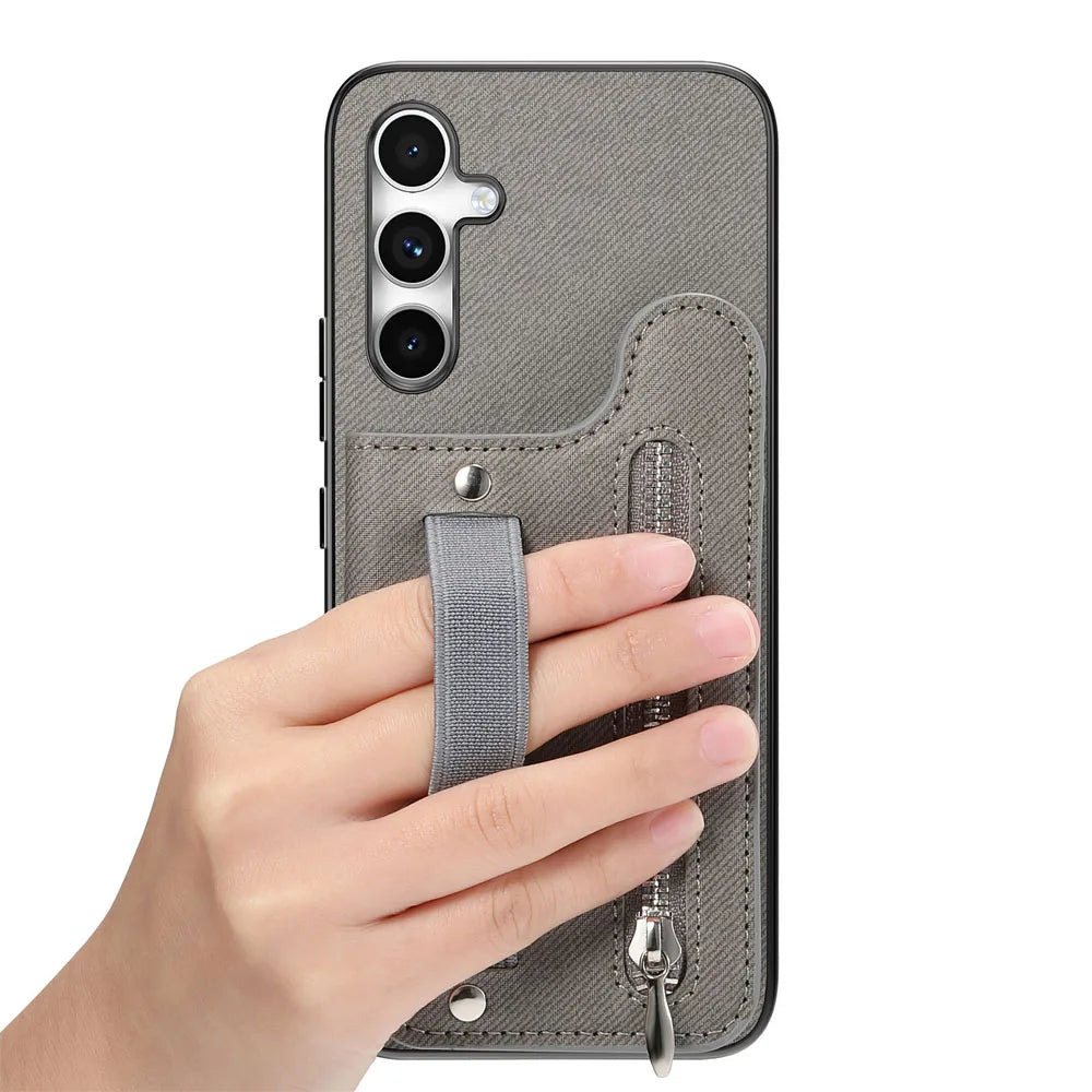 Zipper Cards Solt Wallet Leather Case For Samsung Galaxy A56 A55 A54 A53 A34 A36 A35 A25 A17 Elastic Rope Wrist Leather Cover