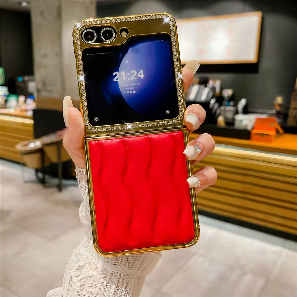 Luxury Bling Diamond Leather Plating Case For Samsung Galaxy Z Flip 6 Flip 5 Flip 3 4 Shockproof Cover Funda