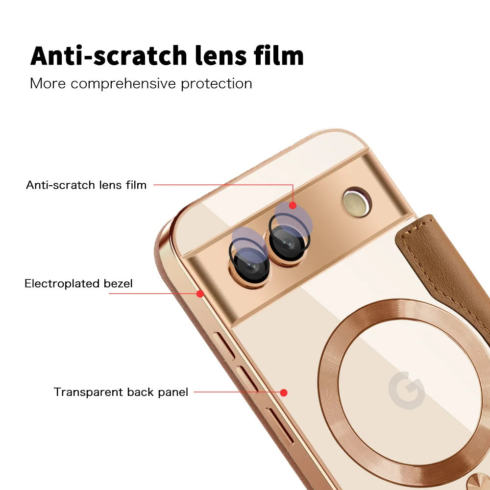 Luxury Leather Wallet Card Clip Magnetic Clear Phone Case for Google Pixel 9 Pro XL 8A 7A Plating Wireless Charging Flip Cover