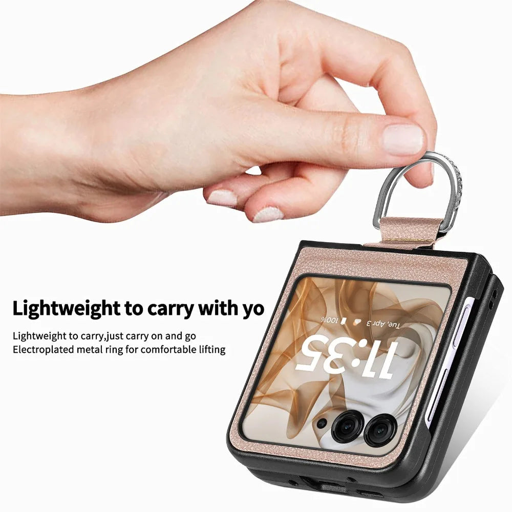 For Motorola Razr 50 Ultra Mooto Razr40 Phone Case with Ring Lychee Pattern PU Leather Razr50Ultra Folding Screen Back Cover