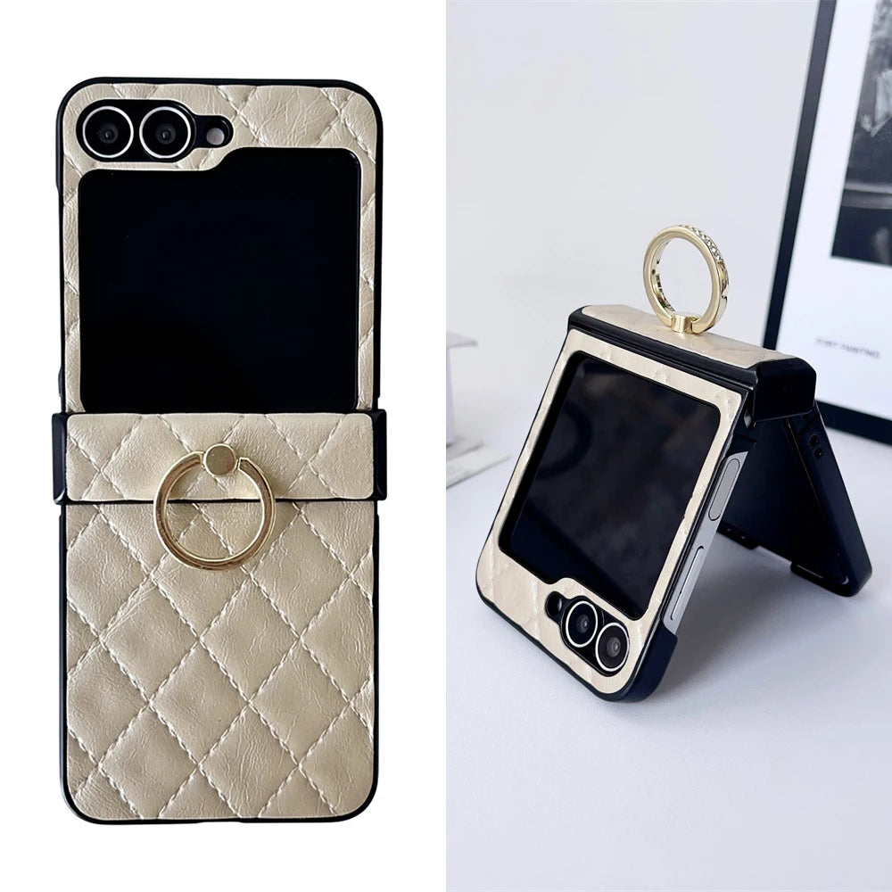 Leather Finger Ring Buckle Case For Samsung Galaxy Z Flip 6 5 4 3 Grid Pattern Stand Holder Shockproof For Galaxy Flip 6 Cover