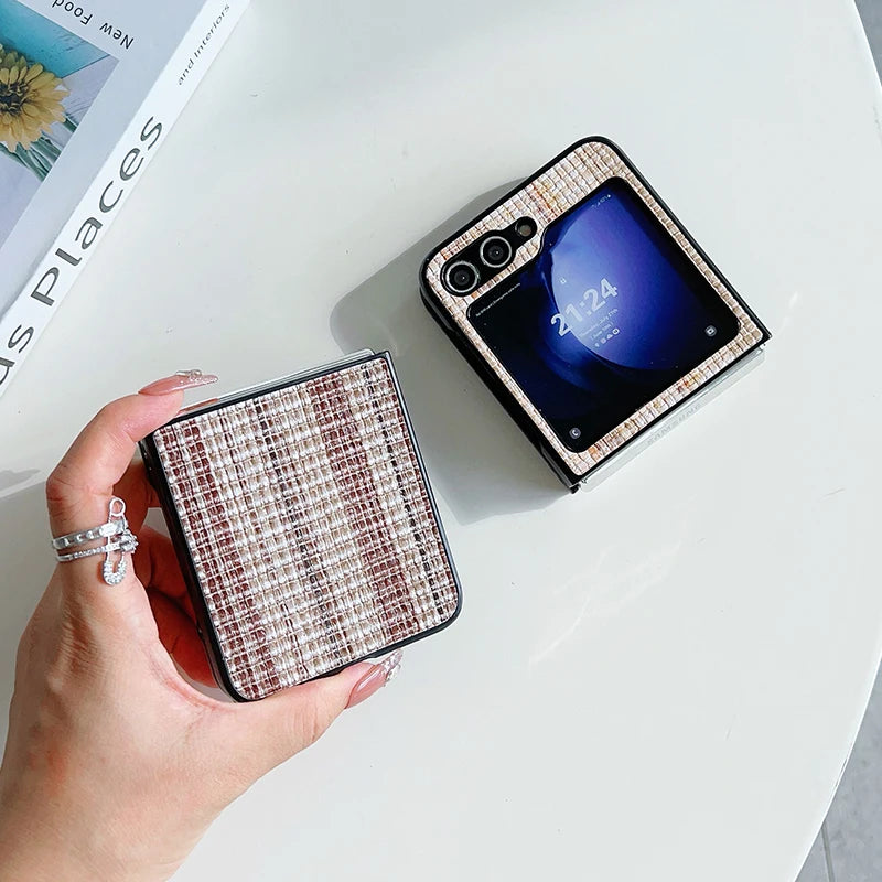 Retro Woven Pattern Phone Case For Samsung Galaxy Z Flip 6 5 4 3 Hard Plastic Folding Cover For Samsung Z Flip6 Flip5 Flip4 Bag