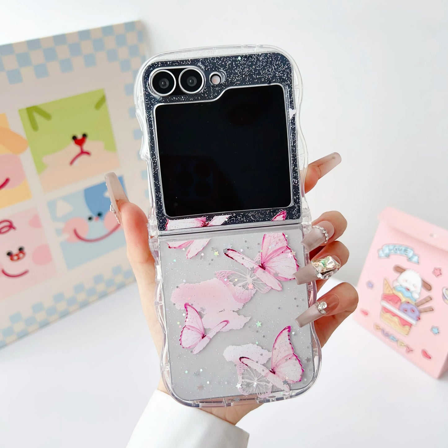 Butterfly Glitter Transparent Wavy Edge Silicone Case For Samsung Galaxy Z Flip 6 5 4 3 Sparkling Sequins Shockproof Phone Cover