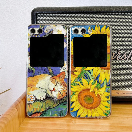 Art Van Gogh Sunflower Cat Oil Painting Phone Case For Samsung Galaxy Z Flip 6 5 7 3 4 Clear Hard PC Folding Cover For Z Flip 5