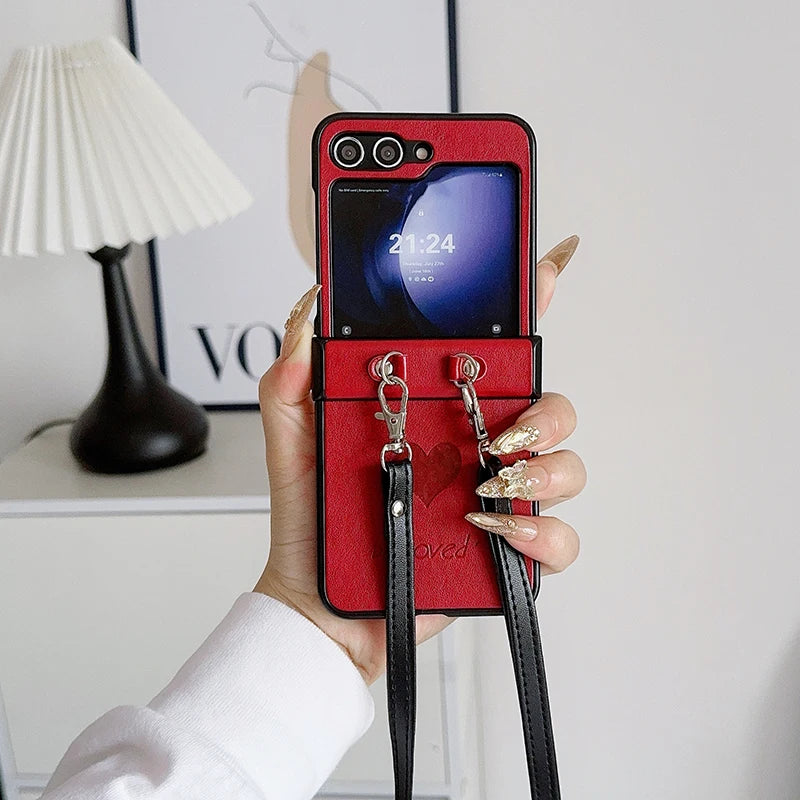 Fashion Simple Love Heart Strap Rope Cord Chain Necklace Lanyard Phone Case For Samsung Galaxy Z Flip 5 4 3 Z Flip6 TPU Cover