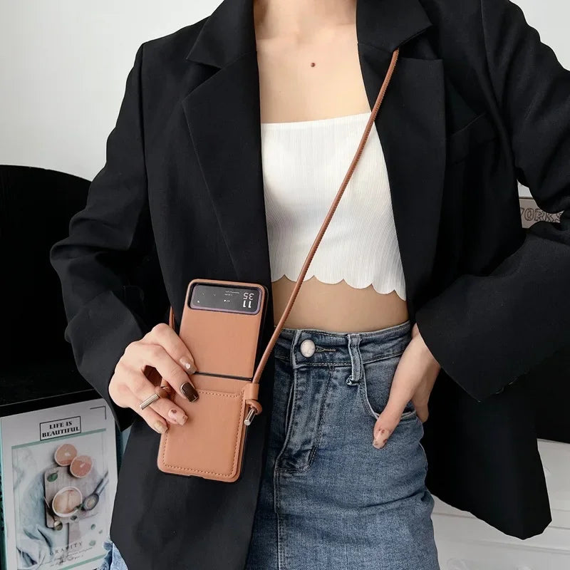 Luxury Simple Business Crossbody Lanyard Card Holder Phone Case For Motorola Razr 50 40 Moto Razr40 Razr50 2024 Leather Cover