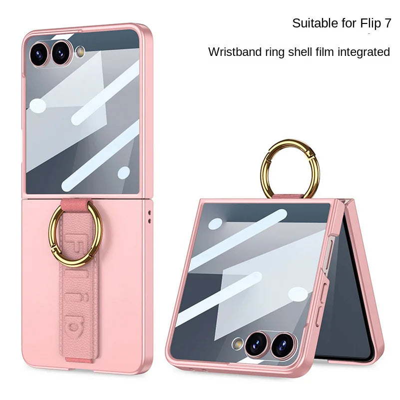 Wrist Strap with Metal Ring Glass Protector All-inclusive Phone Case for Samsung Galaxy Z Flip 7 flip7 Camera Protect Cover