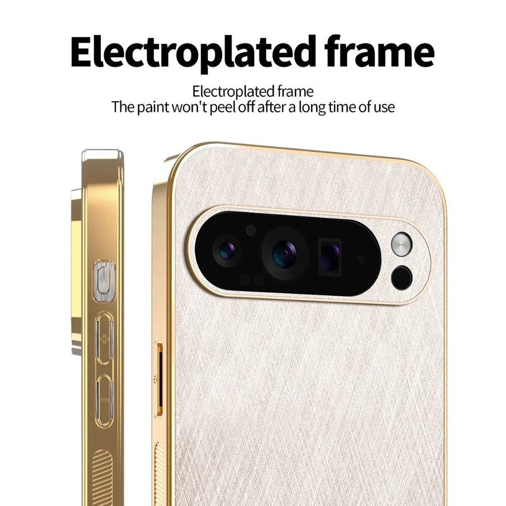 Plating Gold Silk Skin Phone Case for Google Pixel 9 8 7 6 10 Pro XL 8A 7A 6A All Around Protect Shell Leather Shockproof Cover