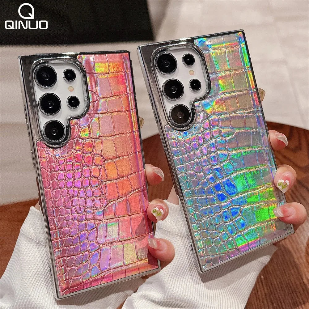 Luxury Gradient Crocodile Pattern Leather Laser Case For Samsung Galaxy S25 S24 S23 Ultra Plus Aurora Color Plating Hard Cover