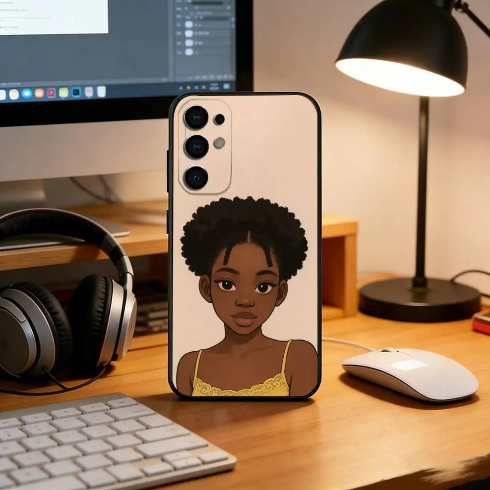 Cartoon African Black Girl Phone Case For Samsung S25,S24,S21,S22,S23,S30,Ultra,S20,Plus,Fe,Soft Silicone Black Cover
