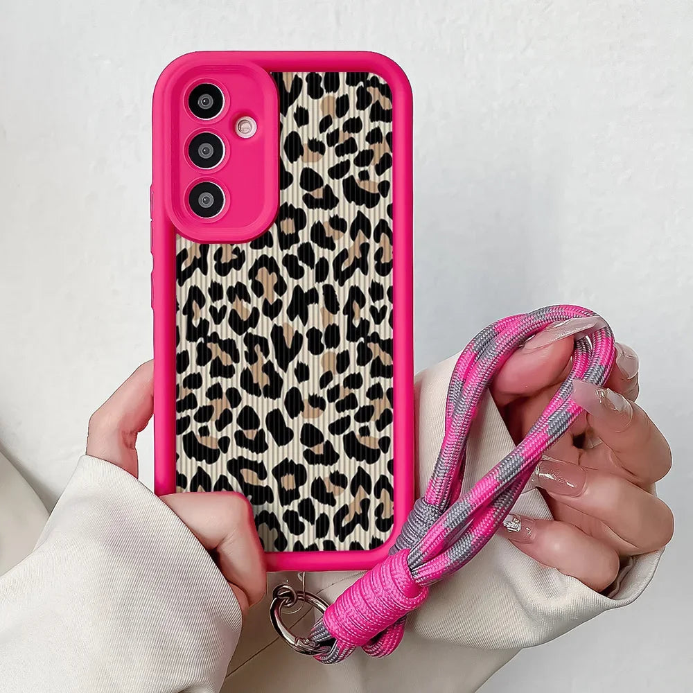 Leopard Wrist Chain Lanyard Case for Samsung S25 S24 S23 S22 S21 Plus Ultra S20 FE A50 A05 11 30 20 Soft TPU Phone Cover