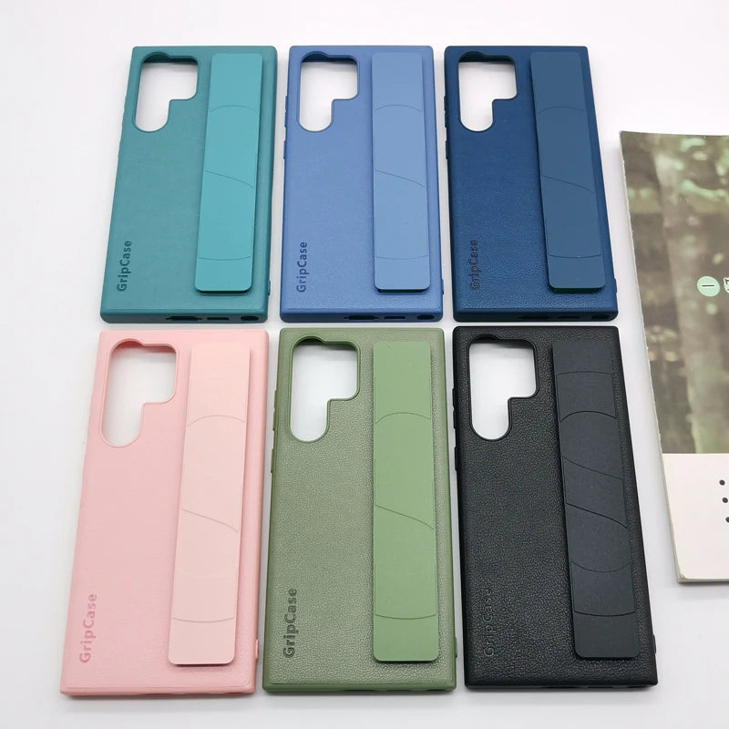 For Samsung Galaxy S22 S23 S24 S25 Plus Ultra Case Leather Grip Cover Back Protective Cover S25+ Wrist Strap Leatherette Cover