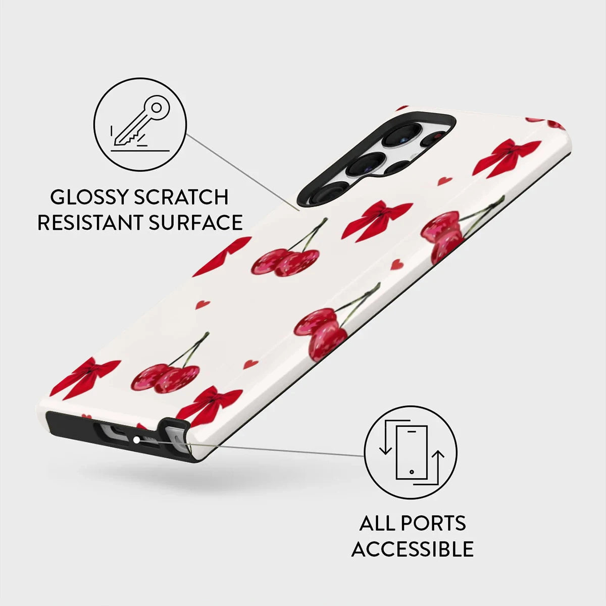Two in One Phone Case for Samsung S25 S24 S23 S22 A56 A36 A26 A16 Ultra PRO Plus FE Red Cherry And Bow Tie Hard Acrylic