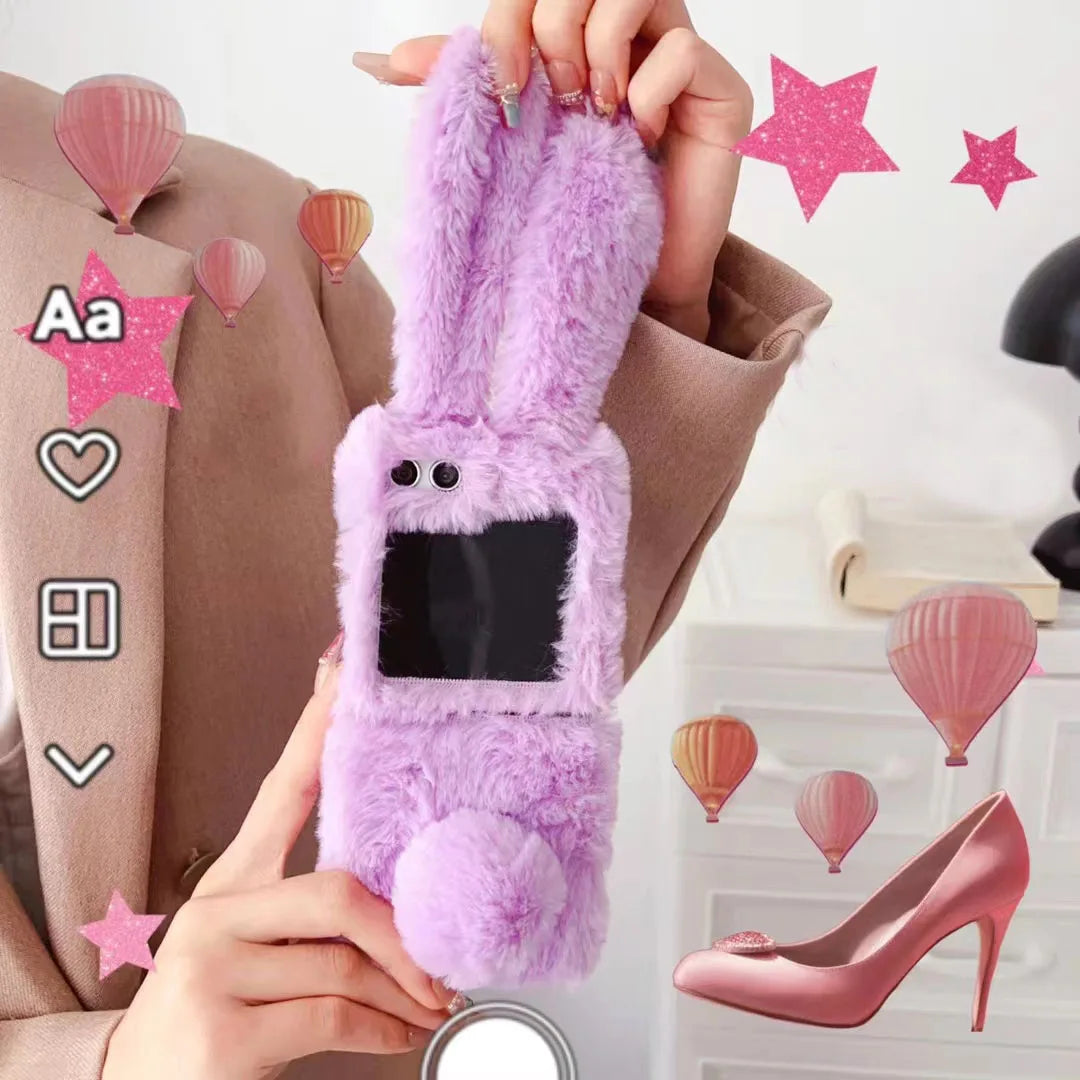 For Motorola Razr 50 Plus 40 Moto Razr40 Ultra 2023 2024 Luxury Cute Soft Fur Puff Rabbit Ear Phone Case Cover
