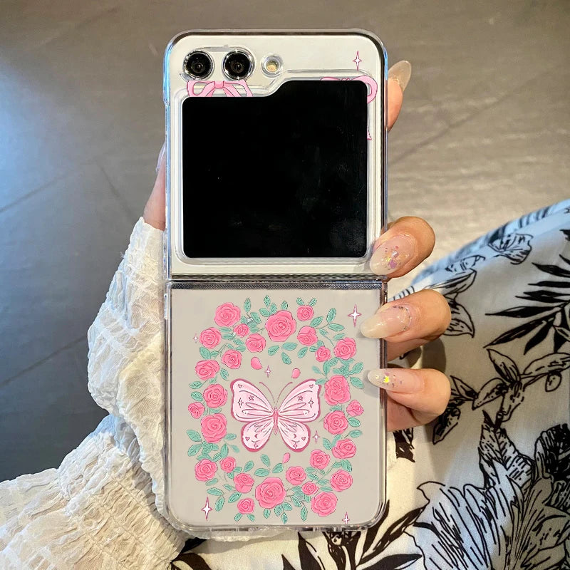 Folding Hard Phone Case For Samsung Galaxy Z Flip 7 FE 6 5 4 3 5G Flowers Butterfly Clear Cover For Samsung Z Flip6 Flip5 Flip4