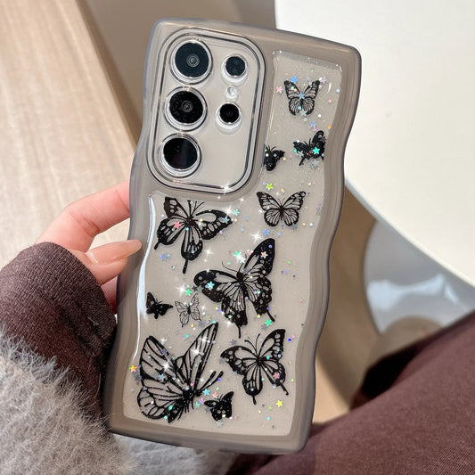 Glitter Starry Sky Butterfly Resin Irregular Wavy Edge Phone Case for Samsung Galaxy S 22 23 24 25 Ultra Plus FE Anti-drop Cover