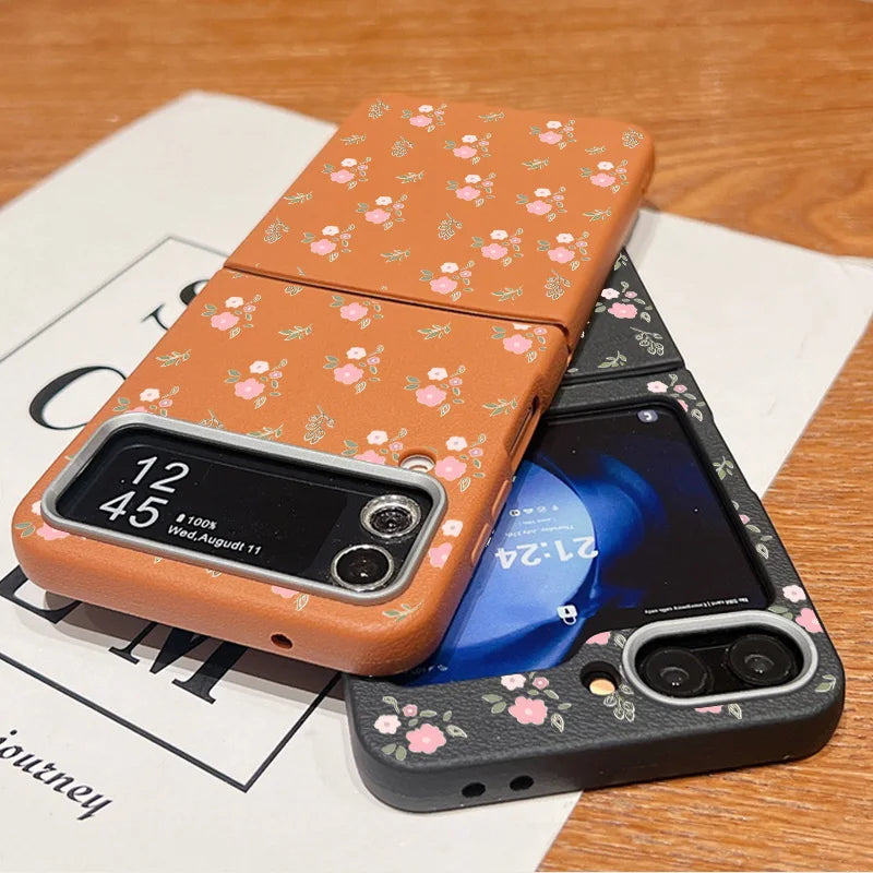 Small Pink Flower Case For Samsung Galaxy Z Flip 6 5 4 3 Leather Texture Silicone Folding Cover For Samsung Z Flip6 Flip5 Flip4