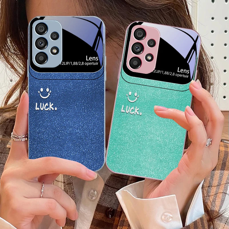 Sunshine Smile Silver For Samsung Galaxy S10 4G S20 11E 30 S21 22 S24 Fe Pro S23 S25 Ultra 5G S9 Tempered Glass Phone Case