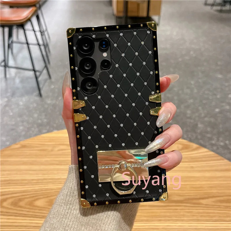 Luxury Diamond Bling Phone Ring Holder Case For Samsung Galaxy S26 S25 Ultra S24 S23 S22 S21 S20 FE S10 Plus Glitter Plaid Cover
