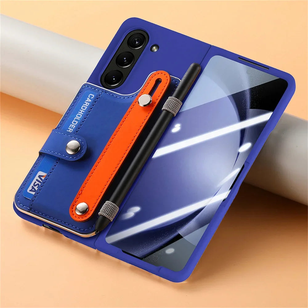 For Samsung Galaxy Z Fold 6 5 Fold6 Fold5 5G Card Slot Wallet Case with Pen Holder & Screen Protector Wrist Strap Cover(NO Pen)