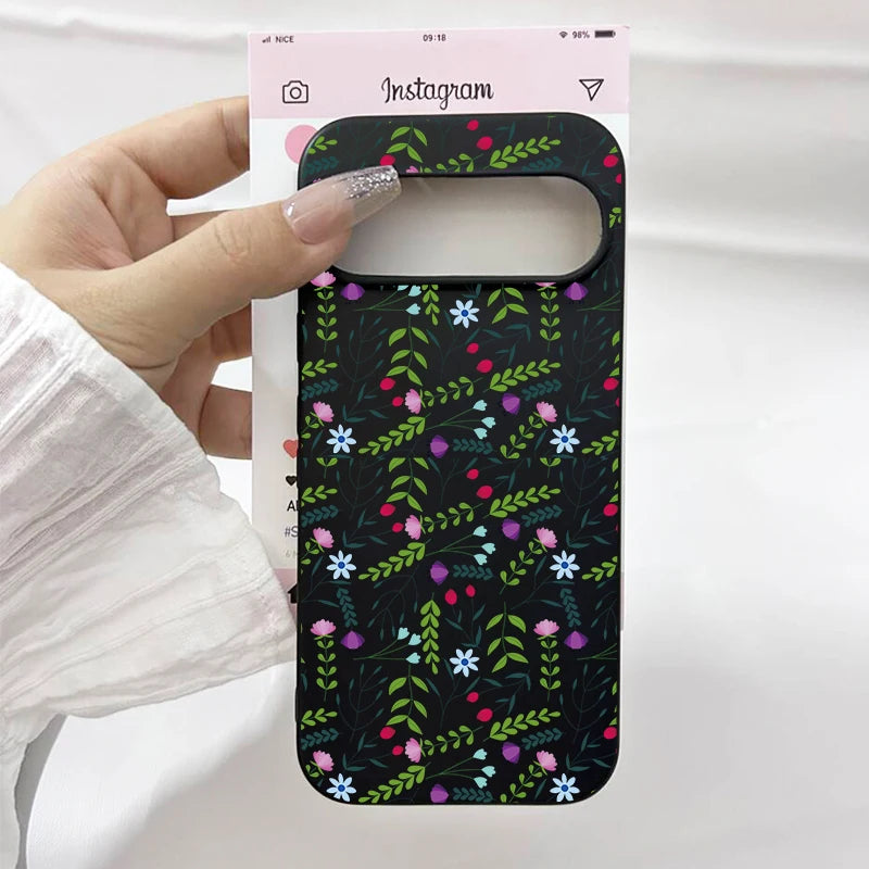 Luxury Flower Leaf Pattern Phone Case For Google Pixel 10 9 Pro XL 8A 8 Pro 7 6A 5G INS Cute Floral Black Soft Silicone Cover