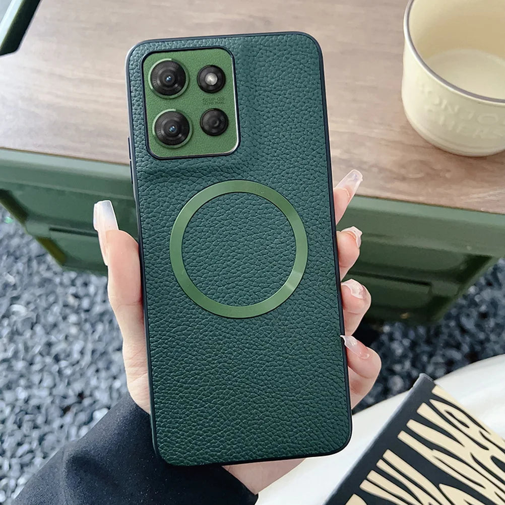 With Magsafe Magnetic Plain Leather Lychee Case For Moto G 2025 G Power 2025 G15 Power G05 G55 G35 G45 E15 Camera protect Cover