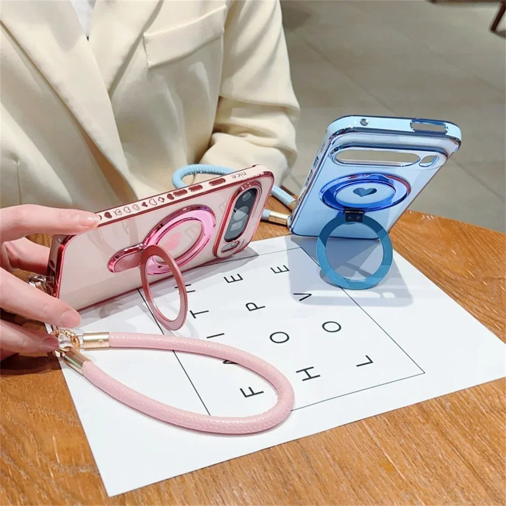 Cute Love Heart Wrist Strap Bracket Case for Google Pixel 8 9 Pro XL 9A 8A 7A Ring Holder Stand Lanyard Plating Soft TPU Cover