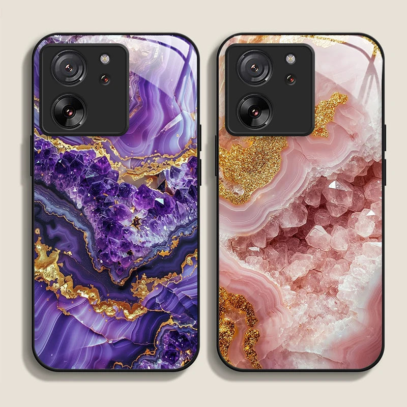 Luxury Marble Gem Pattern Tempered Glass Phone Case for Motorola Moto G85 G84 G75 G55 G24 5G Edge 50 Fusion 40 Neo 30 Pro Cover