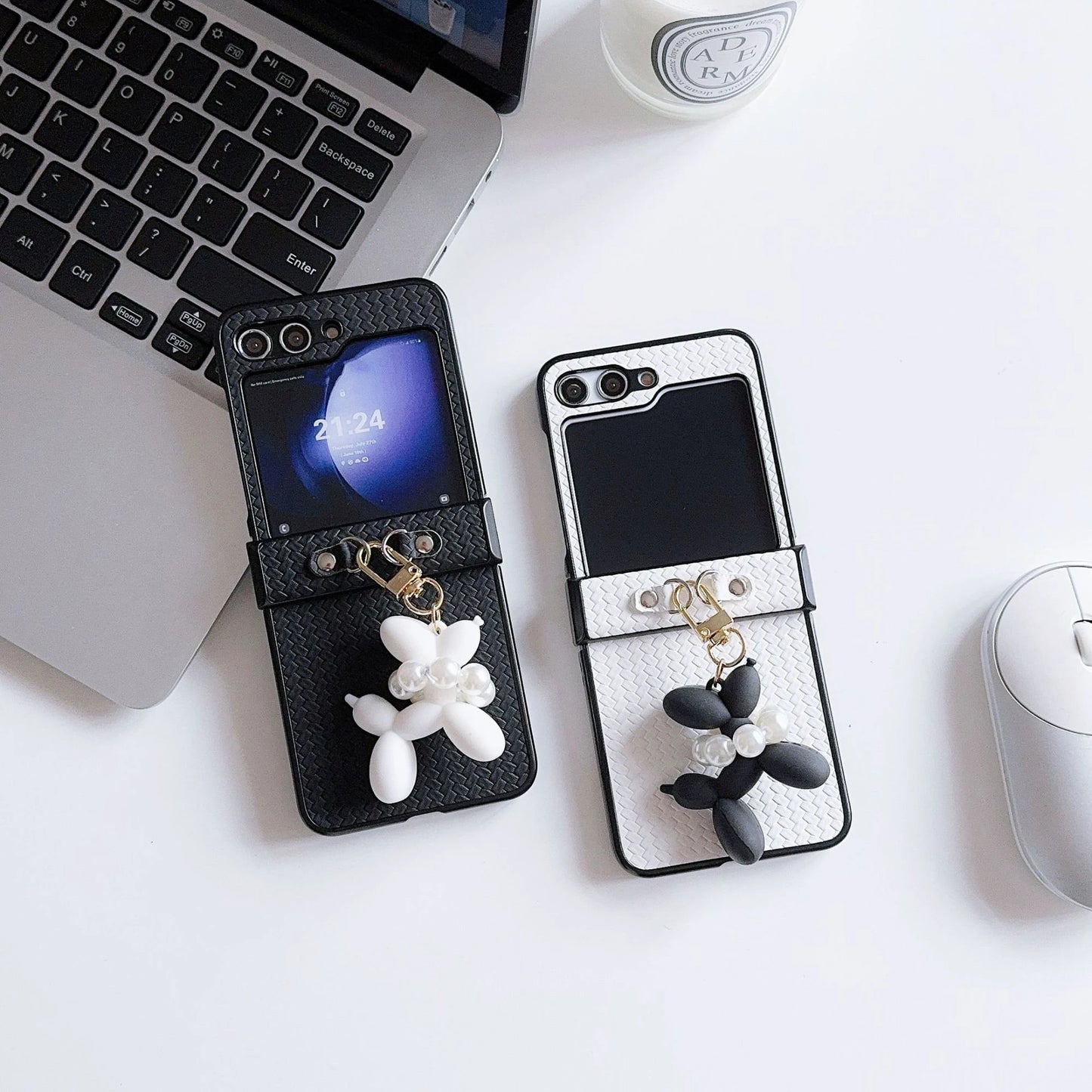 Samsung Woven Folding Phone Case with Dog Pendant Korean Style Folding Phone Accessories for Galaxy Z Flip 3 4 5 6