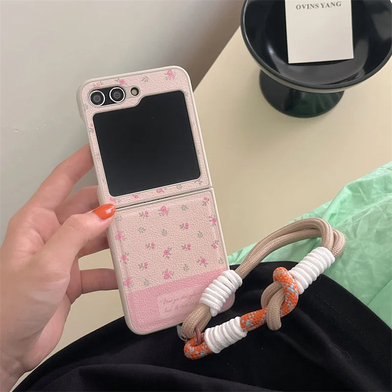 Phone Case For Samsung Galaxy Z Flip 3 4 5 Z Flip5 ZFlip5 Ins Flower Knot Portable Rope Shockproof Cover With Lanyard