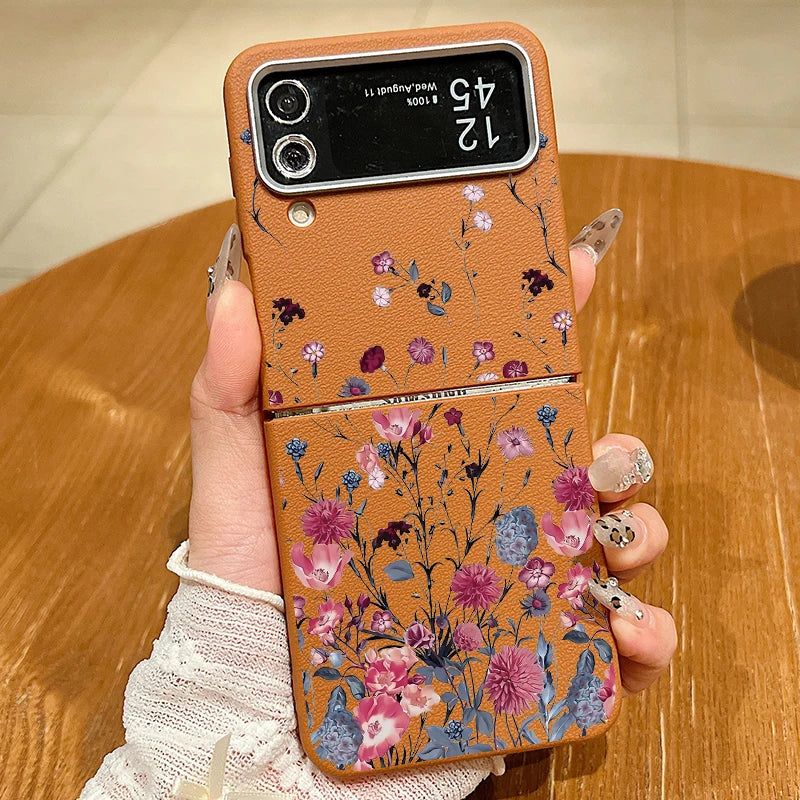 Purple Flower Print Case For Samsung Galaxy Z Flip 6 5 4 3 Magnetic For Magsafe Folding Cover For Samsung Z Flip6 Flip5 Flip4