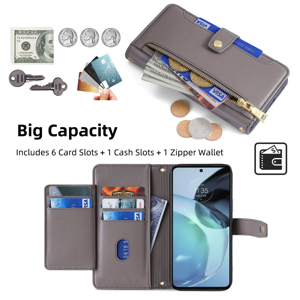 Zipper Wallet Phone Case for Motorola G Stylus Edge 2023 G Play 4G 2024 G Power 5G G14 G84 G54 5G Crossbody Case with Lanyard