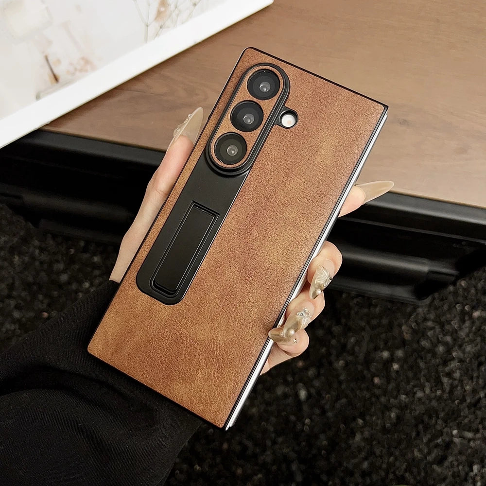 Z Fold7 5G Luxury Suede Pattern Phone Case For Samsung Galaxy Z Fold 7 6 5 4 3 Zfold6 Pu Leather Invisible Bracket Holder Cover